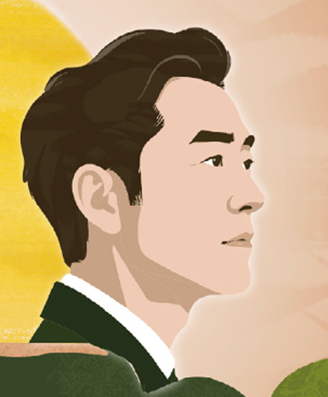 A man with dark hair and a black suit jacket, facing left. The background is a warm yellow and beige color.