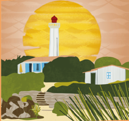 L'illustration d'une maison de plage avec une tour de phare et le soleil couchant.